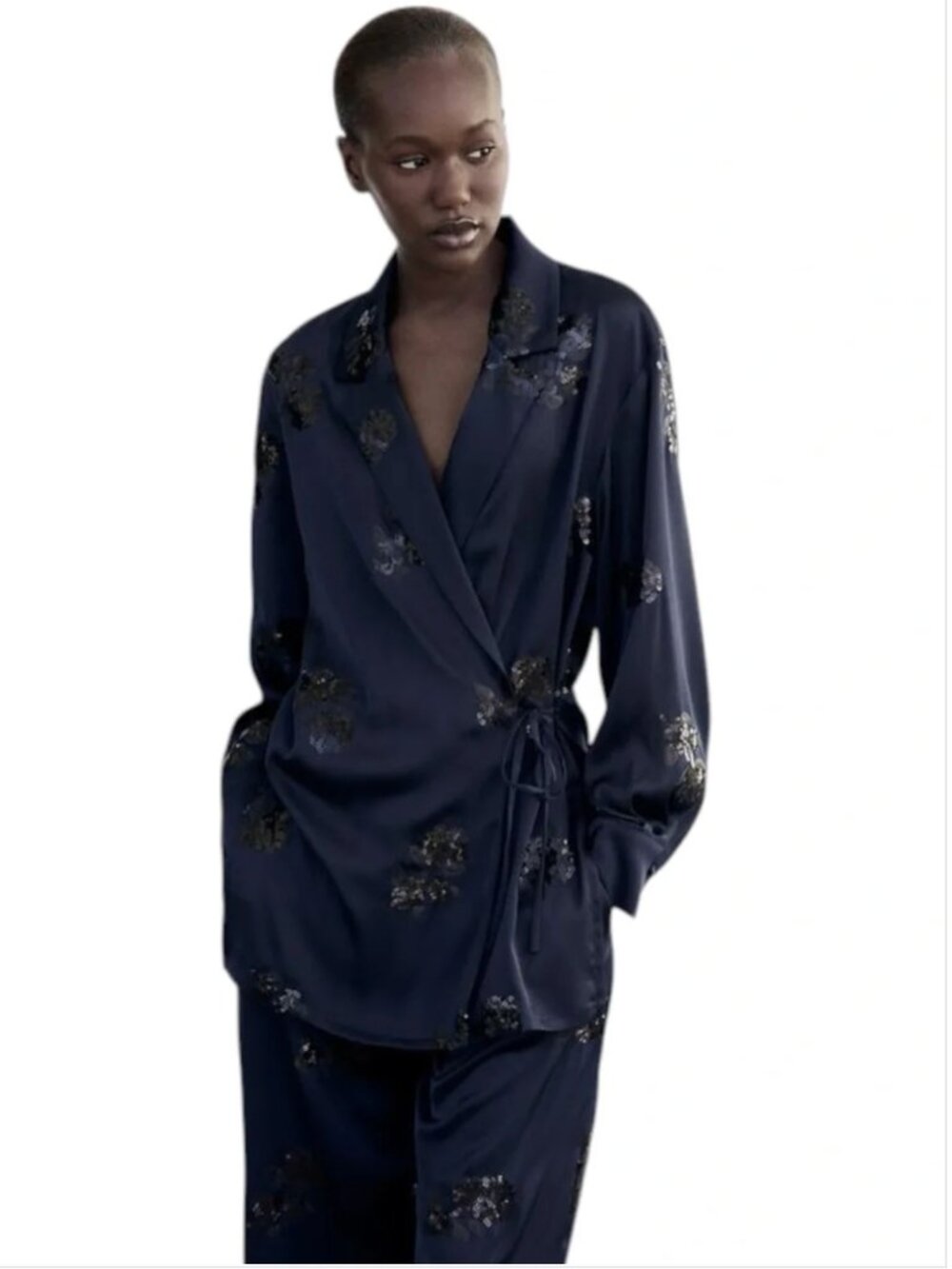 Zara Navy Sequin Wrap Blazer & Pants Co-Ord Set